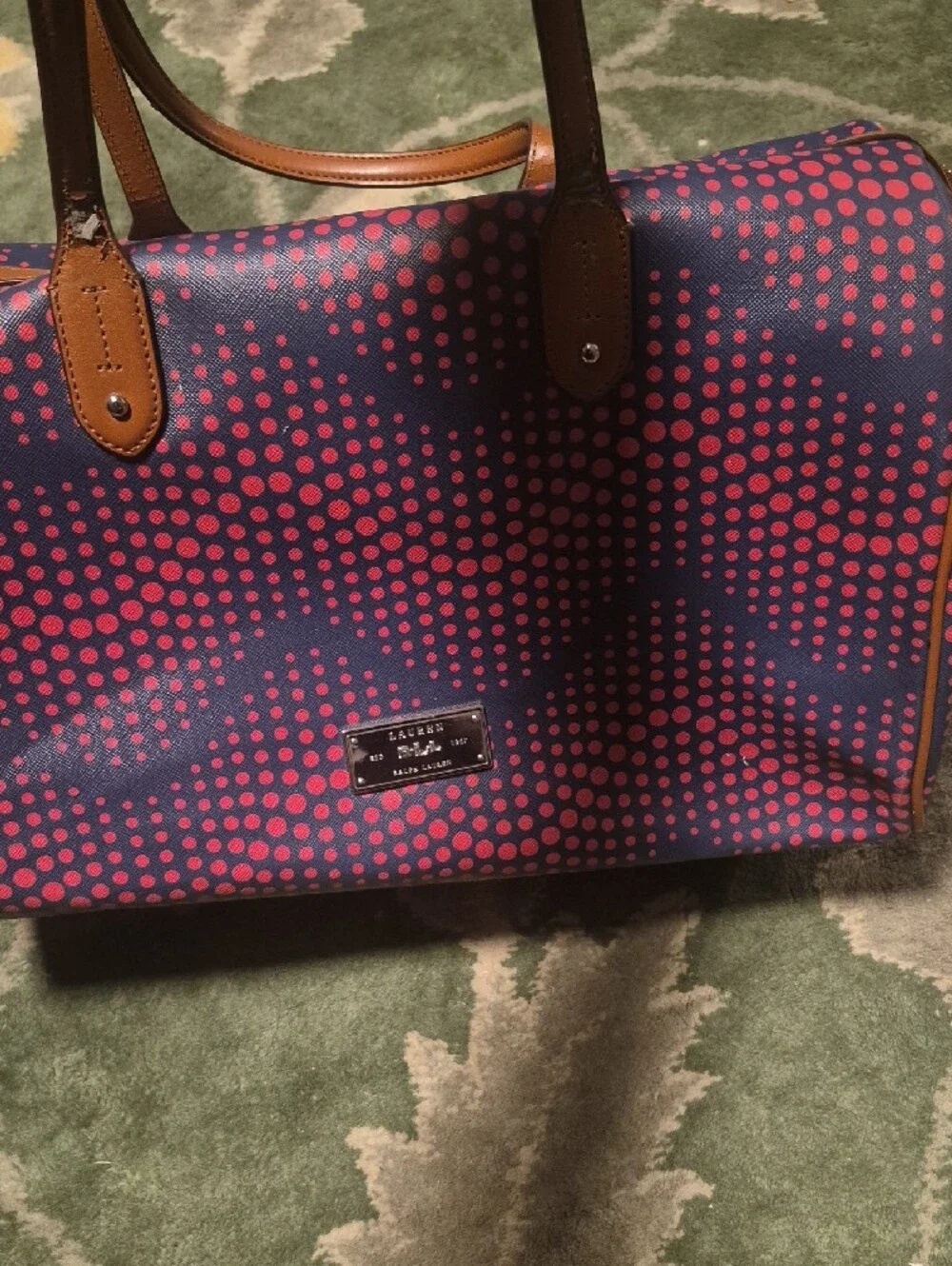 Polka Dot Weekender Bag - Navy & Pink with Brown Trim